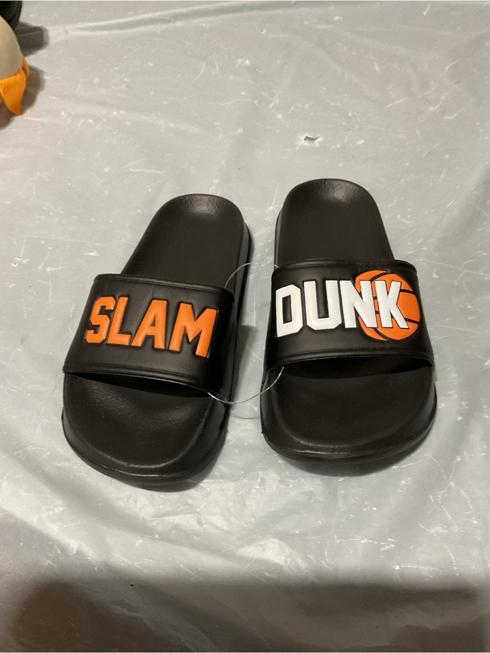 Black Slide Sandals with 'SLAM DUNK' Orange & White Logo